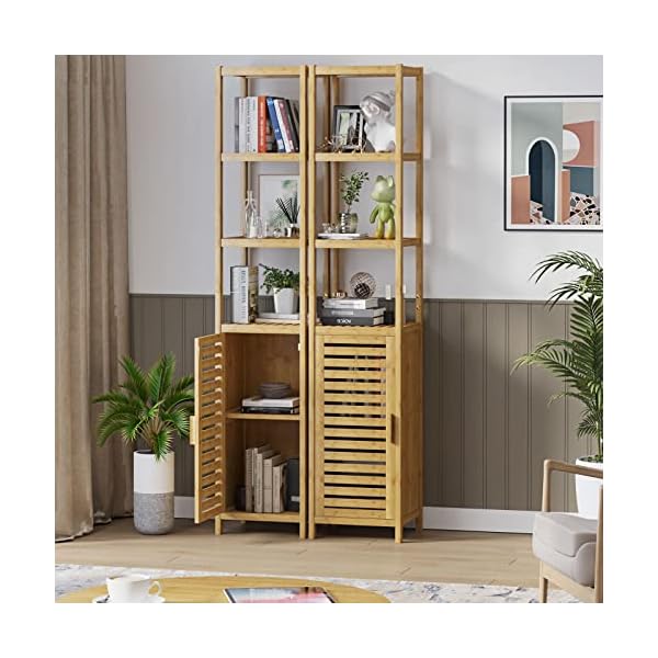 VIAGDO Hochschrank, Badezimmerschrank Bambus, Badschrank hoch mit 3 offene Fächern und Schrank, hoher Beistellschrank, Aufbewahrungsschrank, für Badezimmer, Flur, Küche, Wohnzimmer – Bild 3