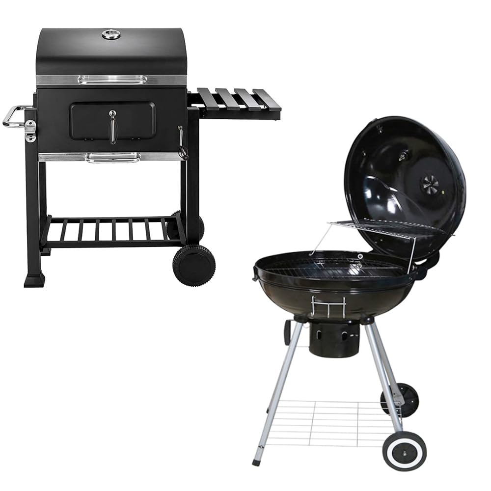Grill na węgiel drzewny, wózek do grillowania | Grill XL na węgiel drzewny z pokrywką, koła, uchwyt ze stali nierdzewnej, regulowany otwór wentylacyjny, grill XXL na węgiel, 107 x 115 x 68 cm