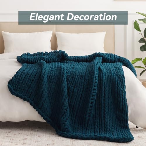 Negwoo Grobstrick-Überwurfdecke, 127,7 x 152,4 cm, Chenille-Garn für Bett, Couch, handgefertigt, Pfauenblau, gehäkelt, groß, dick… – Ansicht 3