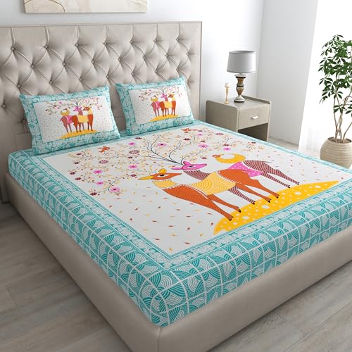 Image of Rajasthani Jaipuri Sanganeri Printed 144 TC 100% Cotton Bed Sheet Set for Double Bed,Deer Pattern, Double Bedsheet Cotton with 2 Pillow Covers