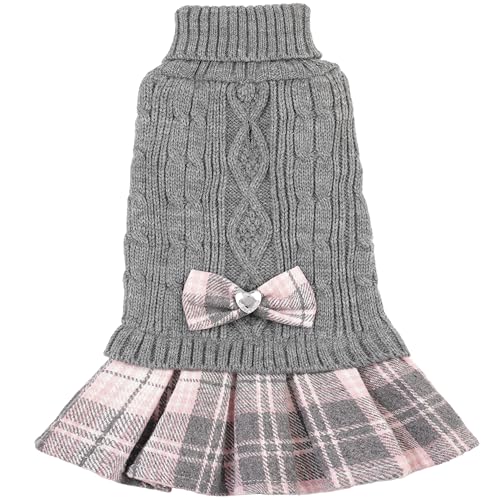 Image of Small Dog Sweater Dress with Bowtie Warm Turtleneck Girl Dog Clothes in Winter Knitted Pet Pullover for Puppy Doggie Cat Sweater for Christmas Birthday Thanksgiving (Grey, Medium)