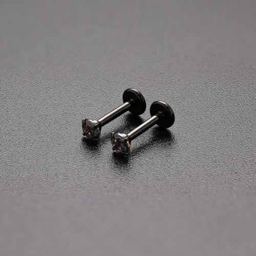 16G 18G Titanium Internal Thread CZ Stud Earrings Flat Back, Silver Black Tragus Helix Conch Cartilage Piercing Jewelry for Women Men 6mm 8mm 10mm Labret Studs 2PCS4
