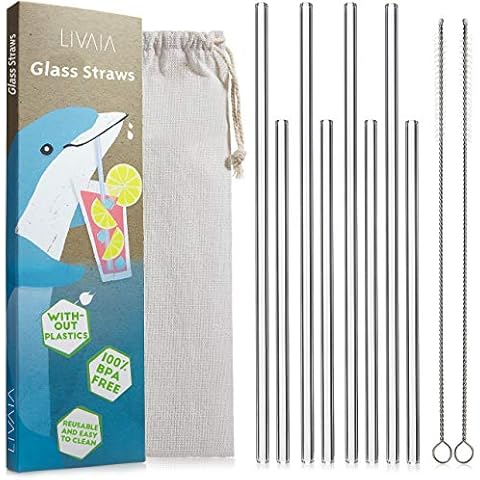 Glass Straws Drinking Reusable with Case: 8 Clear Glass Straws with Straw Brush in 2 Sizes and a Cotton Bag - Straws Reusable, Dishwasher Safe and Environmentally Friendly - Clear Straws by LIVAIA Cover