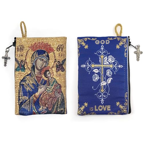 Image of Catholic Rosary Pouch, 4 inch x 6 inch Jewelry & Coin Purse with Cross, Small Woven Tapestry Icon Bag, Bolsa de Rosario Catolico para Joyeria, Mary Queen of Heaven & God is Love, 4 inch x 6 inch