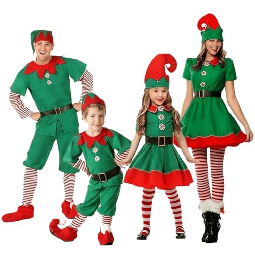 Genérico Conjunto Familiar de Disfraces de Elfo Navideño Adulto y Niño Disfraz de Navidad para Toda la Familia Vestido de Elfa con Falda Sombrero y Calcetines para San Patricio Día y Cosplay Niñas