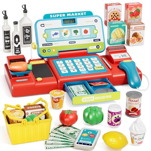 Pretend Cash Register Toy for Kids, Play Cash Register with Real Calculator, Scanner, Microphone, Cashier Playset Gift for Toddler Boys and Girls Ages 3 4 5 6 7 8 (Blue and Red)