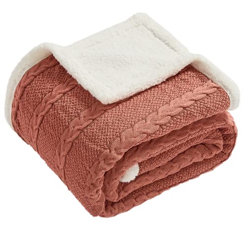 GunziStreet Bed Blanket Throw Solid Pure Cotton Cable Knit Fuzzy Warm Fleece for Couch Chairs Sofa Baby Kids Adult Home Decorative Coverlet All Season (Lite Rust, Throw(51''x63''))