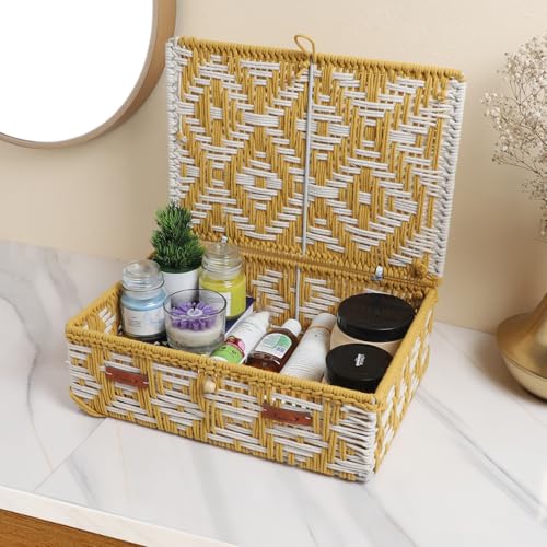 Image of Kaahira Handmade Decorative Storage Box and Organiser | Macrame Gift Hamper Box for Cosmetics, Toiletries & Return Gifts | Aesthetic Rope Woven Organizer (Yellow and White, Large - 14x10x4 inches)