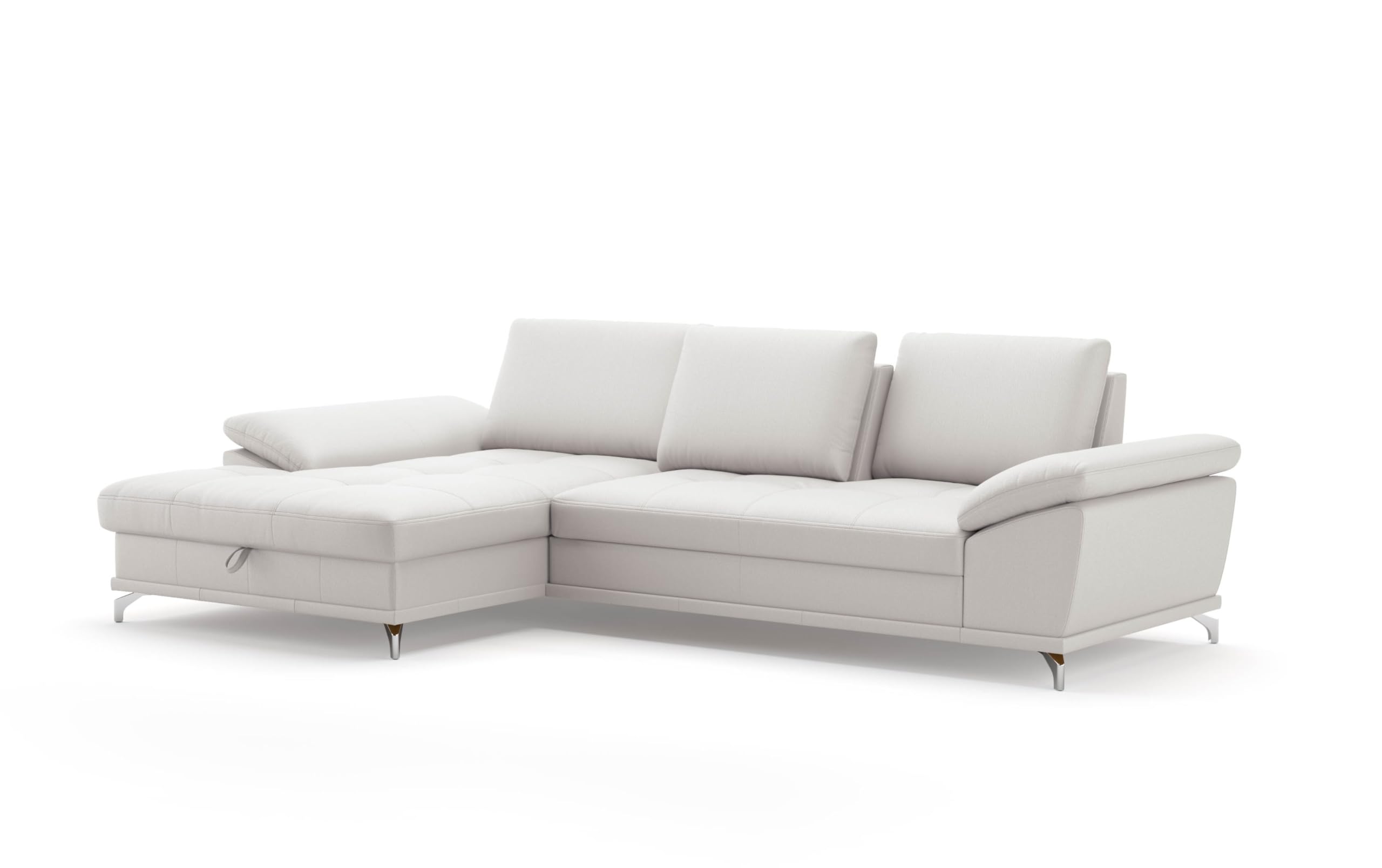 Cavadore Eckcouch Castiel mit Federkern / Ecksofa mit XL-Longchair, Bett, Bettkasten, Sitztiefenverstellung, Kopfstützen und mattschwarzen Metallfüßen / 301 x 89-114 x 176 / / Echtleder, Weiß