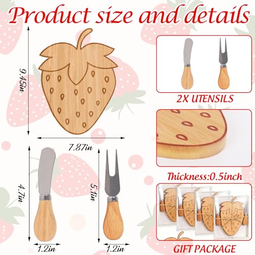 Whaline - Tabla de cortar de madera con diseño de fresa, 4 piezas, incluye cuchillos y tenedores, ideal para fiestas temáticas, baby shower, cumpleaños y decoración de mesa miniatura 2