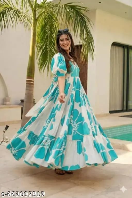 Image of Women Floral Printed Tiered Maxi Dress with Puff Sleeves, Empire Waist, Tie-Up Detail, Flared Long Dress for Casual Wear, Summer Outings, Vacation & Resort Wear - Causal Gown for Women
