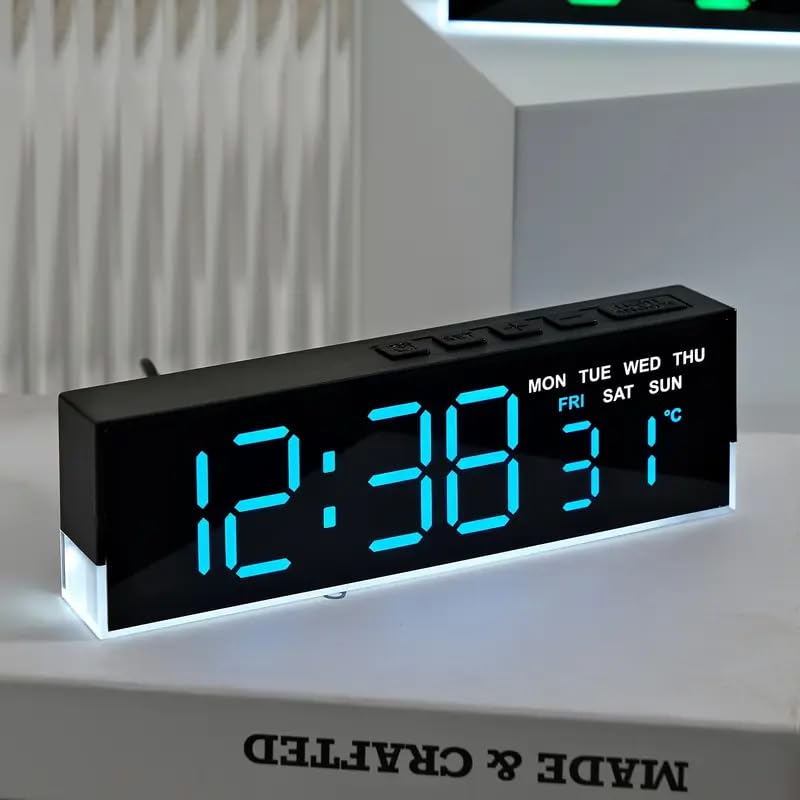 Image of 7 inch Digital Alarm Clock with LED Display, Dual Alarms & Soft Bottom Light, Displays Time, Date, Day, Temperature, 12 /24 Hour Format, Adjustable Brightness, Desk /Table Clock for Home (Blue)