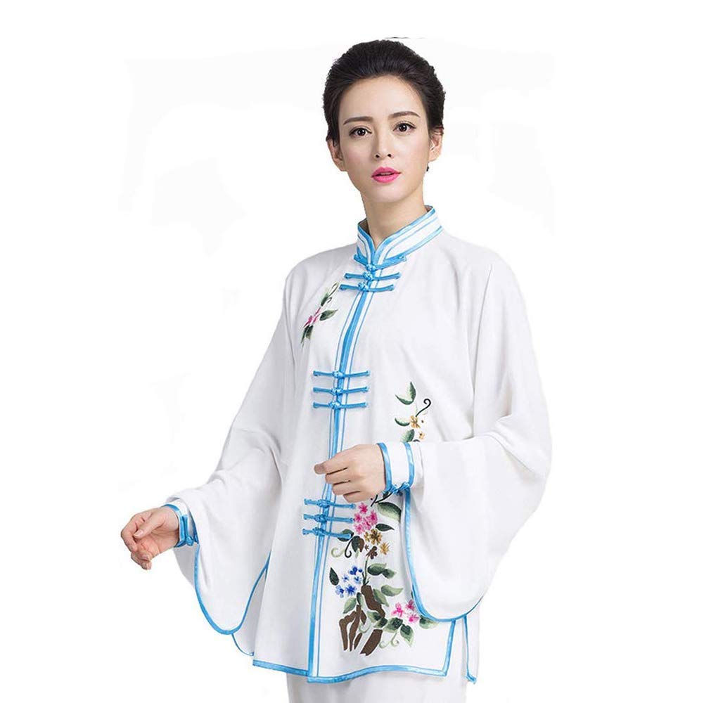 RWRAPSRWRAPS Women Embroidery Tai Chi Uniform Retro Chinese Traditional Tai Chi Dress Kung Fu Clothing Tang Suit Tai Chi Martial Arts Exercise (White M)