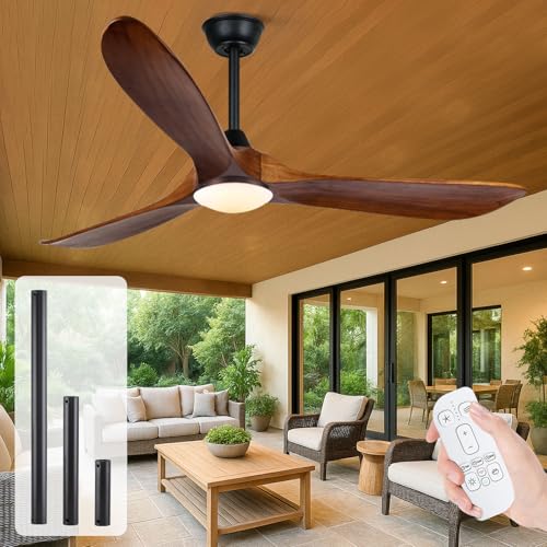 Ventilatore a Soffitto con Luce 132 cm in Legno, 3 Noce Pale, Telecomando per Ventilazione e Illuminazione, Motore CC Silenzioso, Reversibile a 6 Velocità Per Interno/Esterno Camera da Letto Gazebo