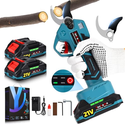 Yanhama Akku Astschere 50mm Schnittdurchmesser 4-Stufen Öffnung SK5-Stahlklingen Bürstenlosem Motor 2 * 2000mAH Akkus Elektrische Gartenschere - Geschenk für Gärtner & Obstbauern
