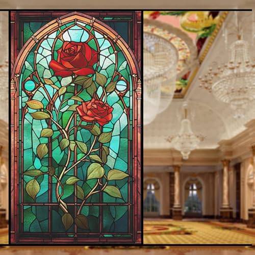 窓フィルム ステンドグラス 薔薇柄 目隠しシート レトロ めかくしシート 教会の様式 剥がせる 暑さ対策 遮光 紫外線カット すりガラス風 おしゃれ 装飾 ガラスシール 水だけで貼れる 欧米風 教会 寝室 お風呂