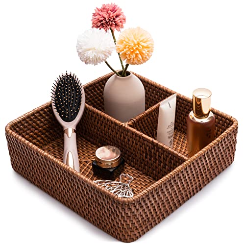 Rattankorb mit 3 Fächern, geteilter Korb, 30.5x30.5x8.9 cm, Korbgeflecht, natürliche Organizer-Körbe für Nachttisch mit Fächern (3 Trennwände, dunkelbraun) Cover