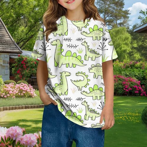 Girls Boys Funny T-Shirts Kids Fashion Cute Dinosaur Graphic Short Sleeve Basic Crewneck Summer Tops for 3-14 Years2