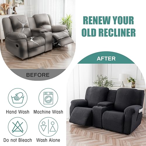 Image of Genina Recliner Loveseat Covers with Console, Stretch Reclining Sofa Covers, 2 Seater Couch Cushion Stripe Jacquard Recliner Slipcovers - Furniture Protector Covers for Pet(Black)