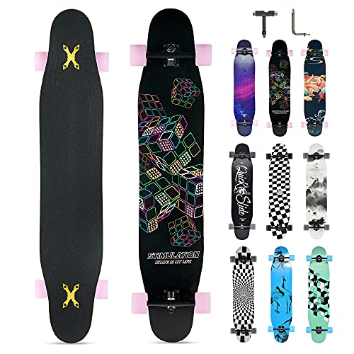 Opurtdor Longboard 118CM Profi Skateboard Komplettes Cruiser Trick 8 Etagen Ahornholz Wood Schwarzes Longboard für Anfänger Erwachsene Teens (Buntes Zauberwürfel)