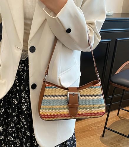 Straw Beach Shoulder Bags for Women Y2K Crescent Handbag Small Clutch Tote Purse Summer Underarm Vacation Straw Purse4