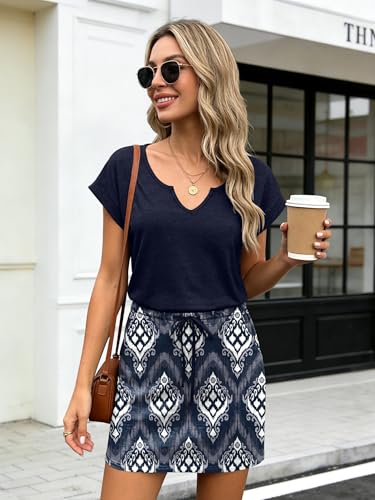 Image of SAUKOLE Women Summer T Shirt Dress Casual Short Sleeve V Neck Dress with Pockets Drawstring Waist Short Dresses