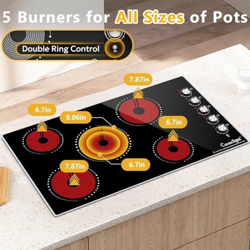 Image of 36 Inch Electric Cooktop, 5 Burner Built-In Ceramic Glass Cooktop with Knob Control, 9 Power Levels, Expandable Burner, 8500W, 220-240V Hardwired, Works with All Cookware