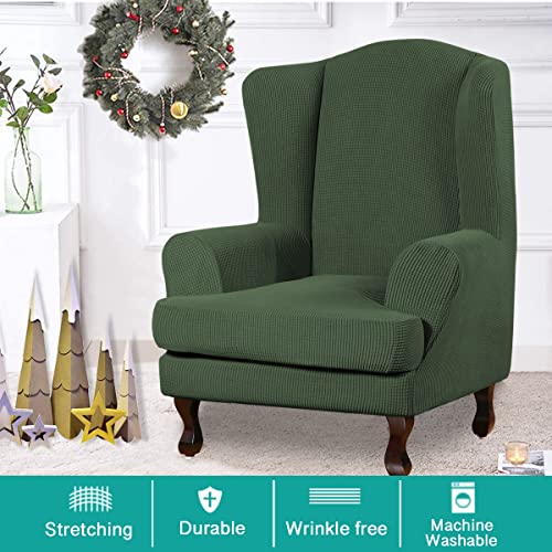 Image of Turquoize Wingback Chair Covers 2 Piece Wing Chair Slipcover Stretch Slipcovers for Wingback Chairs Wing Chair Cover Spandex Jacquard Fabric with Elastic Bottom Non-Slip Furniture Cover, Bronze Green