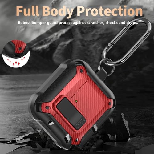 Image of Olytop for Airpods 4 Case with Lock Clip, Rugged Apple Airpods 4th Generation Cover 2024 Men Women, Armor Shockproof iPod 4 Gen Protective Hard Shell with Carabiner&Cleaner kit,CF Black /Red