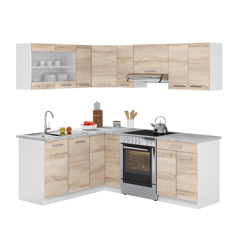 Vicco Cocina esquinera Rick, Sonoma/Blanco, 207 x 167 cm, ET Mármol, para disposición Flexible y ampliación Individual