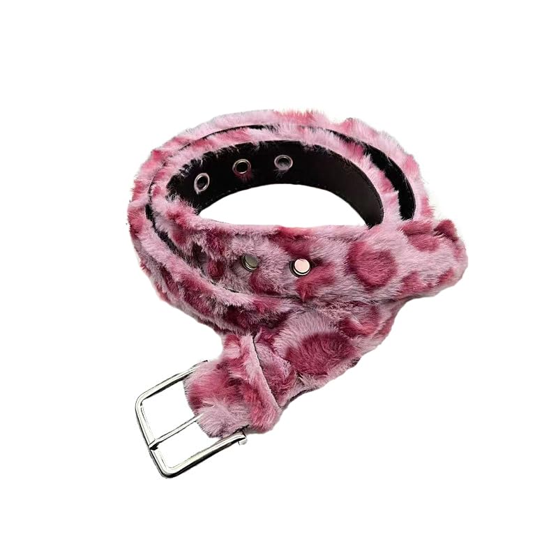 Women's Faux Fur Leopard Print Plush Patchworked Western Style Belt with Metal Buckles
