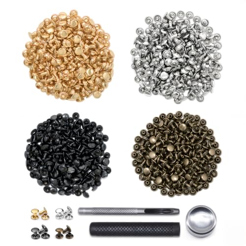 SEMINI 400 Sets Double Cap Leather Rivets, 8mm Tubular Metal Studs with 3 Pieces Setting Tools Kit, 4 Colors Rivets for Fabric Leather Craft Repair Decoration