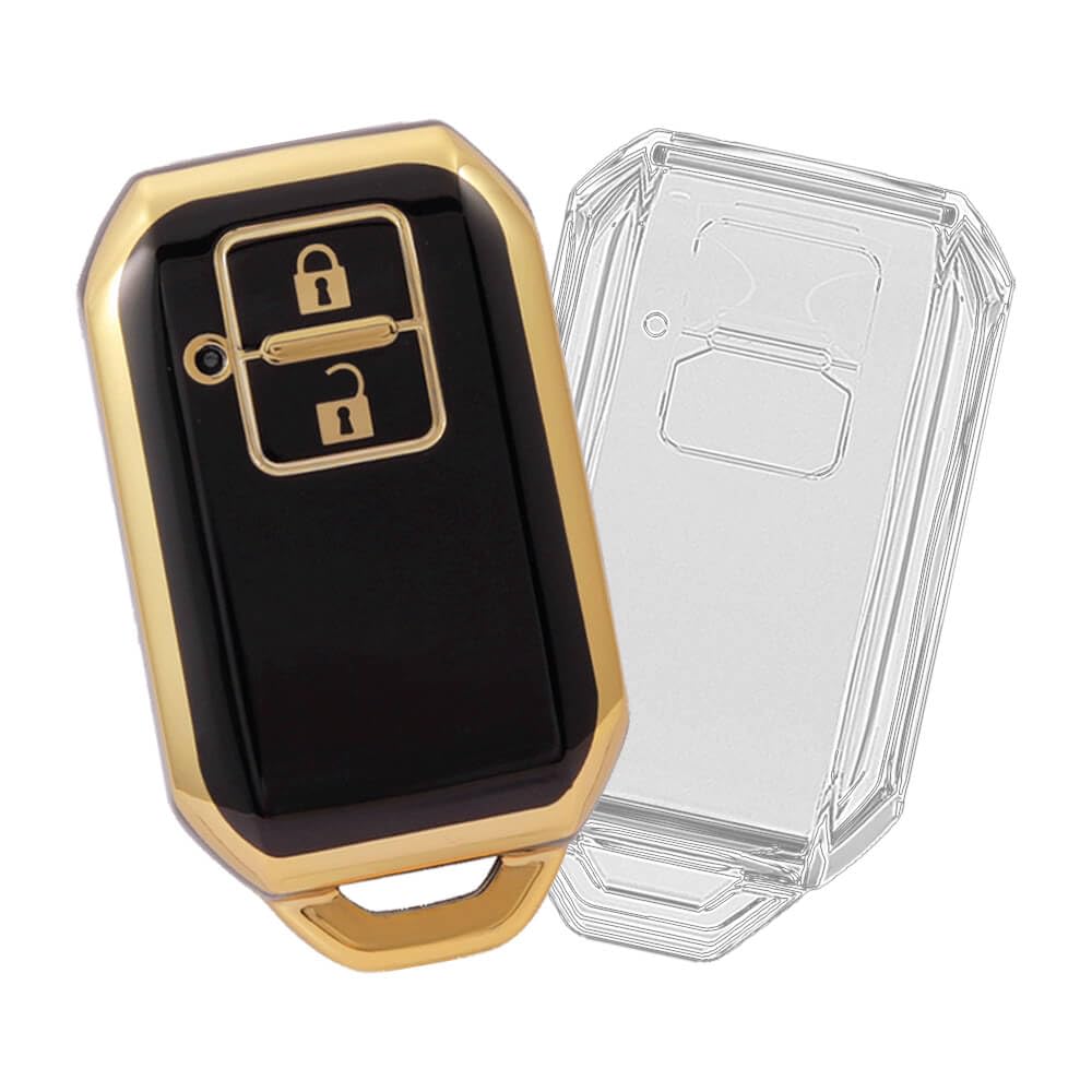 keyzone TPU Key Cover combo Compatible for Suzuki Fronx, Jimny, Grand Vitara, Brezza, Swift, Baleno. Ertiga, XL6, Ignis. DZire 2 button smart key (Clear TPU + Gold TPU)
