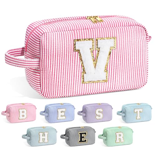 Image of YOOLIFE Initial Makeup Bag for Women - Monogram Cute Makeup Bag Cosmetic Case Toiletry Pouch for Women Her Best Friend Sister Teacher, Personalized Birthday Gifts for Women, Pink V