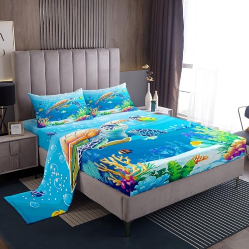 jejeloiu Sea Turtle Bed Sheets Set for Kids Boys Girls Twin Size Ocean Fitted Sheet Ultra Soft Underwater World Bedding Set Sea Animal Bedding Collection