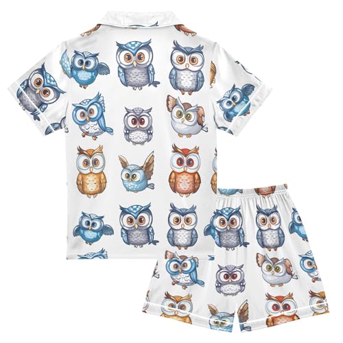 ALAZA Cute Owl Owlet White Satin Pajamas Set Short Sleeve Button Down Sleepwear Summer Pjs 2 Piece2