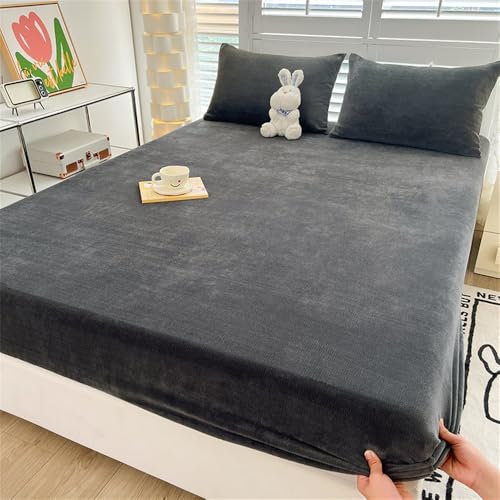 Mateju Sábana Bajera Ajustable de Franela Color Sólido, Sábana Bajera Invierno Cálido y Sueva para Cama Individual/Cama Matrimonio, para Colchones de hasta 30 cm (90x200cm,Gris Oscuro)