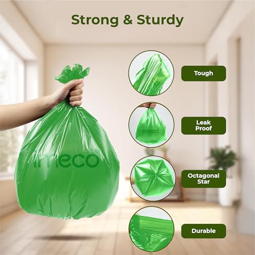 Image of IMECO Eco Garbage Bags | 300 Pcs | Medium - 19 x 21 Inches | 30 Pcs x 10 Rolls | Green | Biodegradable Dustbin /Trash Bags with Detachable Drawstrings | Perfect for Dry & Wet Waste