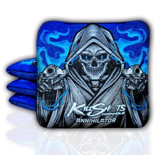 Killshots Cornhole | Annihilator Series | Limited Edition | Premium Cornhole Bags | Double-Sided Stick & Slide | Durable | Resin Filled | Regulation 6x6 16oz | Set of 4 (Blue Reaper)