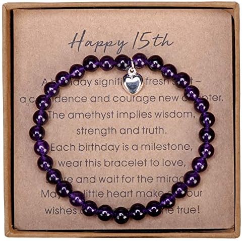 15 Year Old Girl Gifts for Birthday Amethyst Bead Bracelet with Sterling Silver Heart Charm 15th Birthday Gifts for Teen Girls with Card and Gift Box