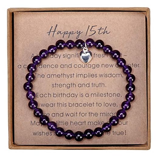 15 Year Old Girl Gifts for Birthday Amethyst Bead Bracelet with Sterling Silver Heart Charm 15th Birthday Gifts for Teen Girls with Card and Gift Box