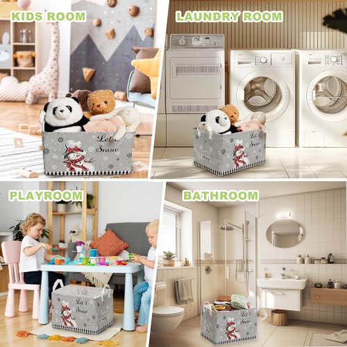 Image of Grey Christmas Snowman Storage Baskets, Empty Christmas Gift Baskets, Let It Snow Winter Farmhouse Style Large Square Waterproof Canvas Laundry Hamper, Foldable Toy & Clothes Bins for Bedroom
