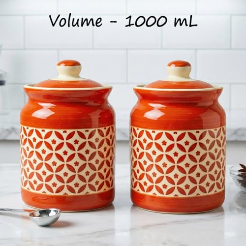 Image of D'Maiolica Pickle Jars in 1000ml (set of 2) | Handpainted Floral Pattern 1 kg Achaar Martban | Ceramic Container Set for Kitchen Storage (Pack of 2) (Crafted Geomatric Pattern)