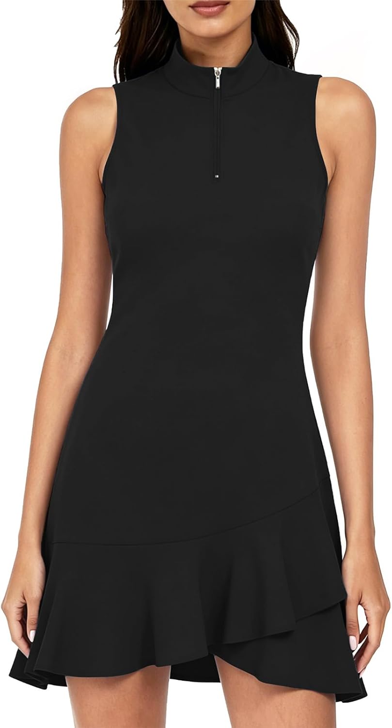 Cucuchy Style Tennis Golf Dresses for Women Sleeveless Athletic Dress Zip Up Ruffle Golf Outfits