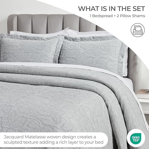 Superior 3 Piece Cotton Bedspread Set, Home Bed Decor, Decorative Bed Spread, 2 Pillow Shams, Medium Weight Blanket, Matelasse Coverlet, Bedding Essentials, Hibiscus Collection, Queen, Grey