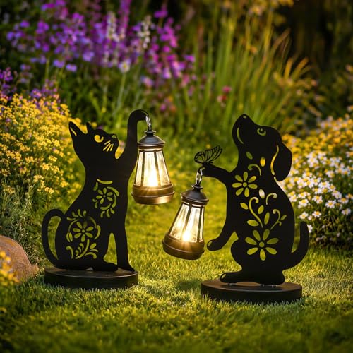 GIGALUMI Statues de Chien et de Chat en Fer pour Le Jardin, décorations d'extérieur avec éclairage Solaire, Statues de Jardin étanches pour terrasse et...