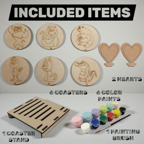 Image of BAGJI TOYS DIY Coaster Painting Kit for Kids & Adults - 6 Pre-Marked Wooden Tea Coasters with Stand, 12 Non-Toxic Water Base Colours & 1 Brush - Mandala Art & Craft DIY Set - Beginner Friendly Painting Craft Kit, Birthday & Gift Activity (MNDB1)