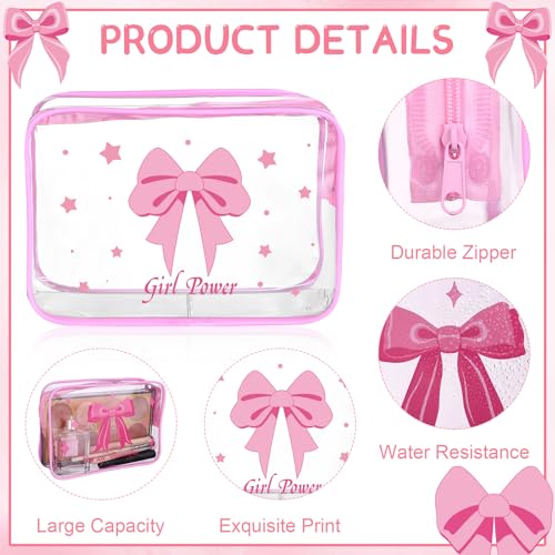 18Pcs Pink Bow Clear Makeup Bag Coquette Bows Cosmetic Bags PVC Travel Toiletry Preppy Portable Gift Transparent Pouch with Zipper Waterproof for Birthday Party Favor Mother Nurse Girls3