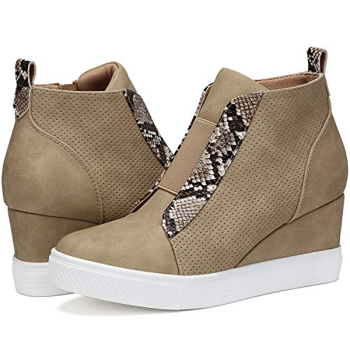 katliu Women's Wedge Sneakers Platform Wedge Shoes Animal Print Wedge Booties Khaki