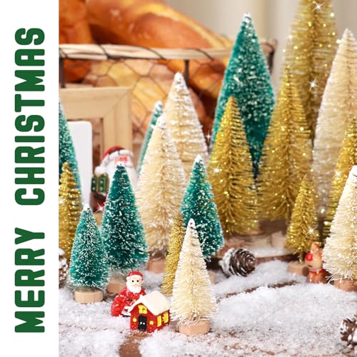 Set of 35PCS Mini Christmas Tree, Christmas Pine Cones, 2oz Fake Snow Powder, Mixed Christmas Decoration, Xmas Village Displays Winter DIY Crafts (Green-Golden-Beige)